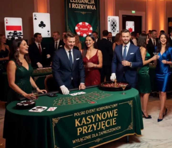 Elegancka aranżacja eventu casino z luksusowymi stołami i oświetleniem