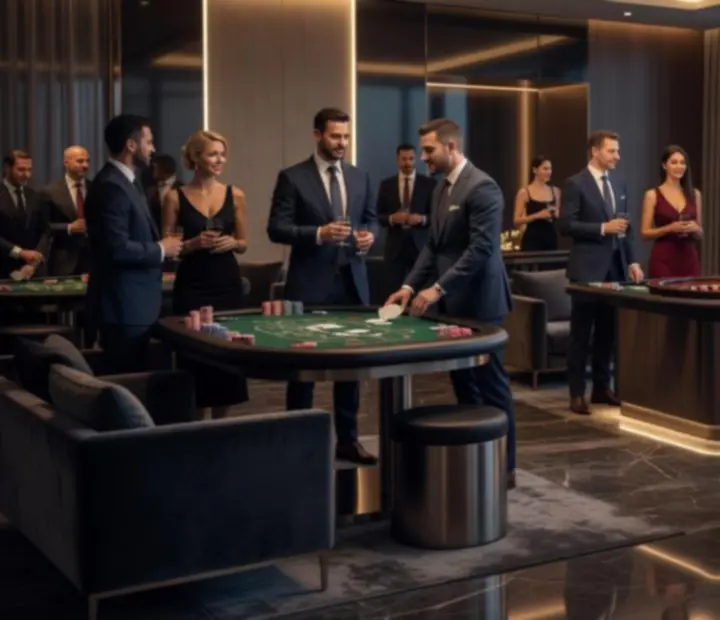 Elegancka strefa casino na wydarzeniu firmowym z gośćmi przy stołach pokerowych