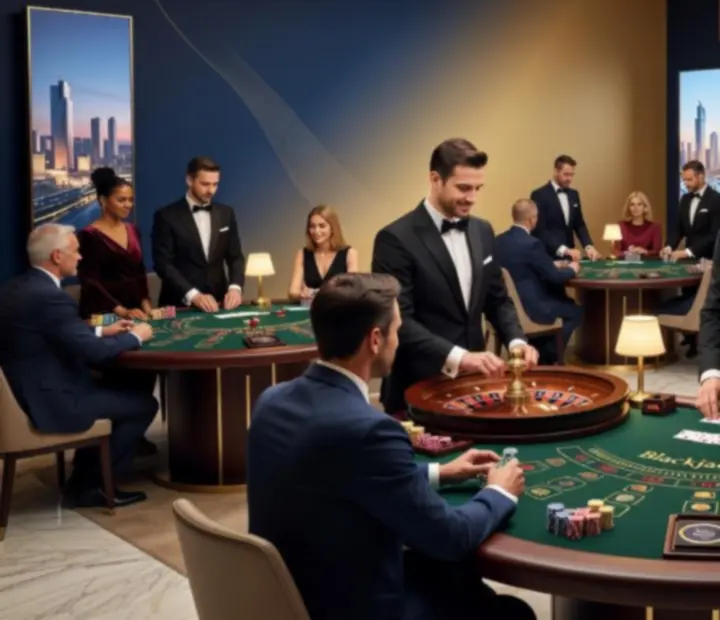 Prestiżowa strefa casino z pokerem, ruletką i blackjackiem podczas eleganckiego eventu business