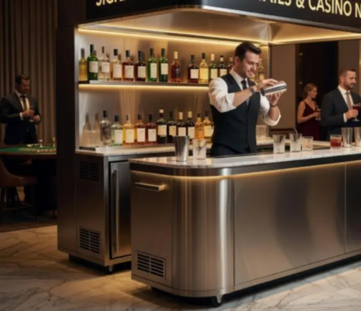 Mobilny cocktail bar z barmanem serwującym autorskie drinki na evencie firmowym