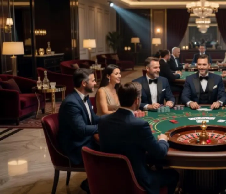 Luksusowy event casino z gośćmi przy stołach do pokera i ruletki