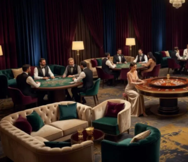 Ekskluzywna aranżacja Casino Royale z mobilnymi stołami do pokera, ruletki i blackjacka
