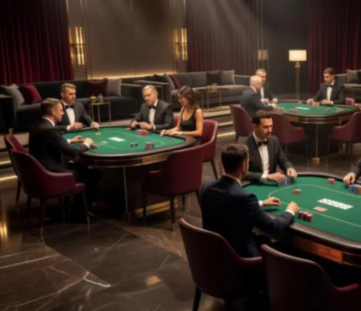 Luksusowa strefa pokera z eleganckim stołem, krupierem i gośćmi podczas eventu casino.